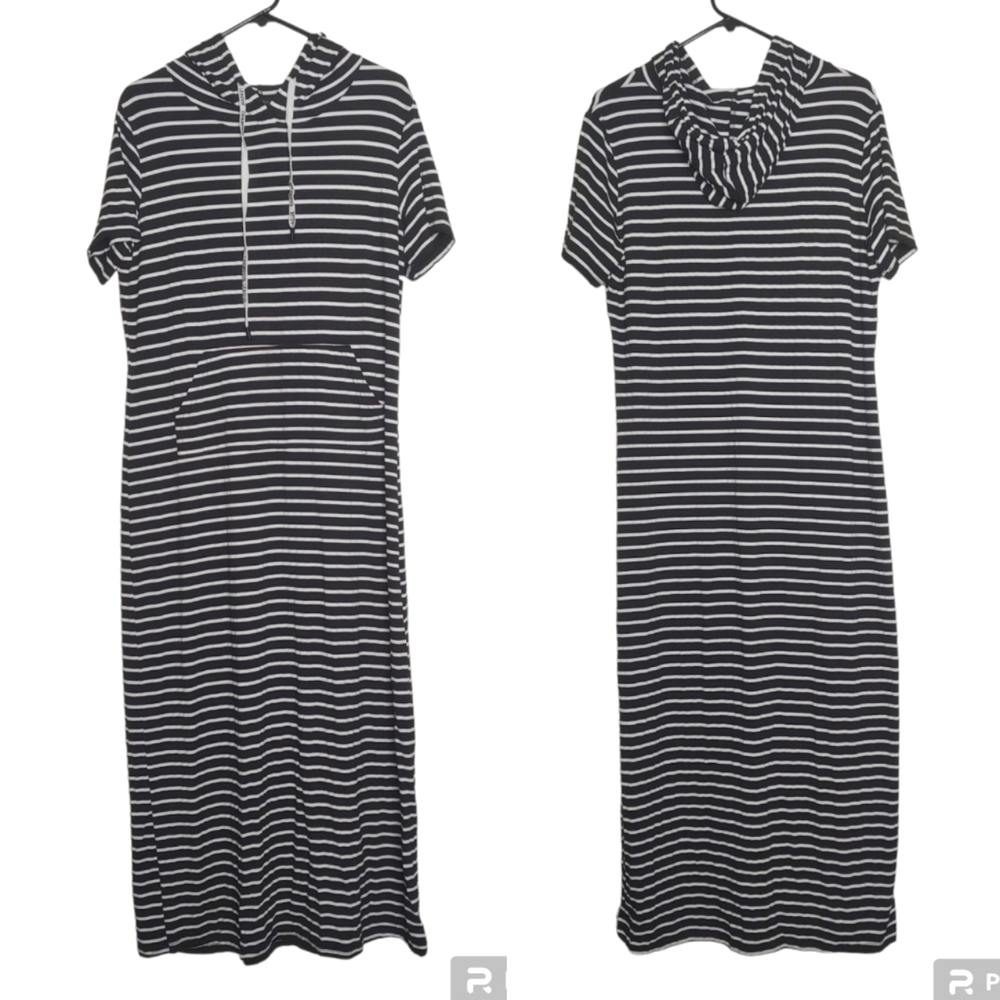 GloryStar Women's Black White Striped Short Sleeve Maxi Dress with Hood Size XL